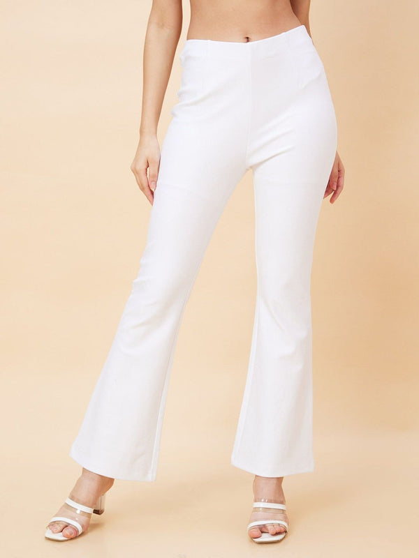 Women White Opaque Stretchable High-Rise Flat Front Bootcut Trousers