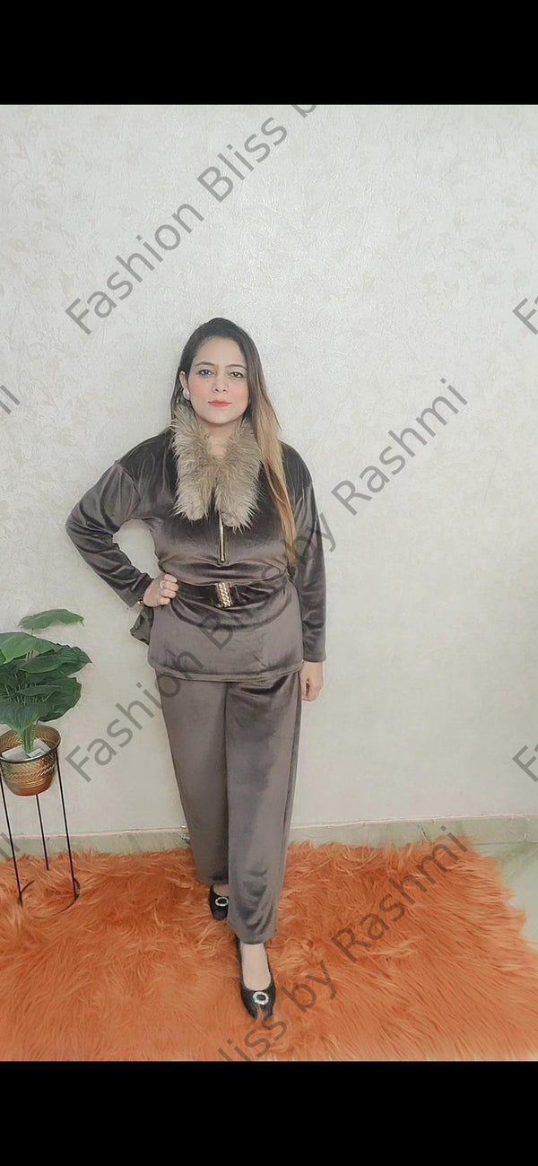 Premium velvet fur neck coordset -  by Fashion Bliss by Rashmi - black, brown, cordsets, Winter collection, Winter coordset