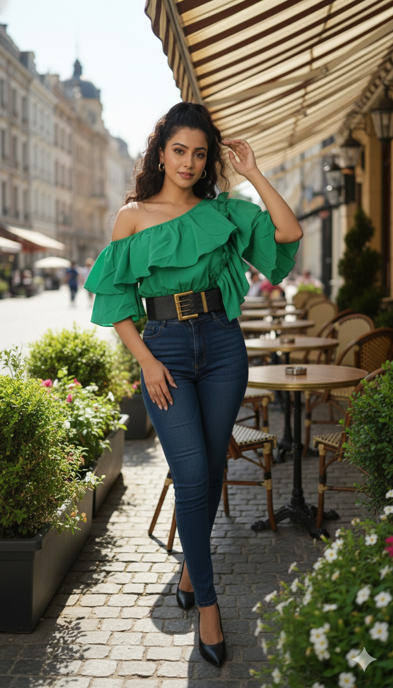 Women Puff Off Shoulder Ruffles Blouse with Belts, Women's Blouse Chic Cropped  top