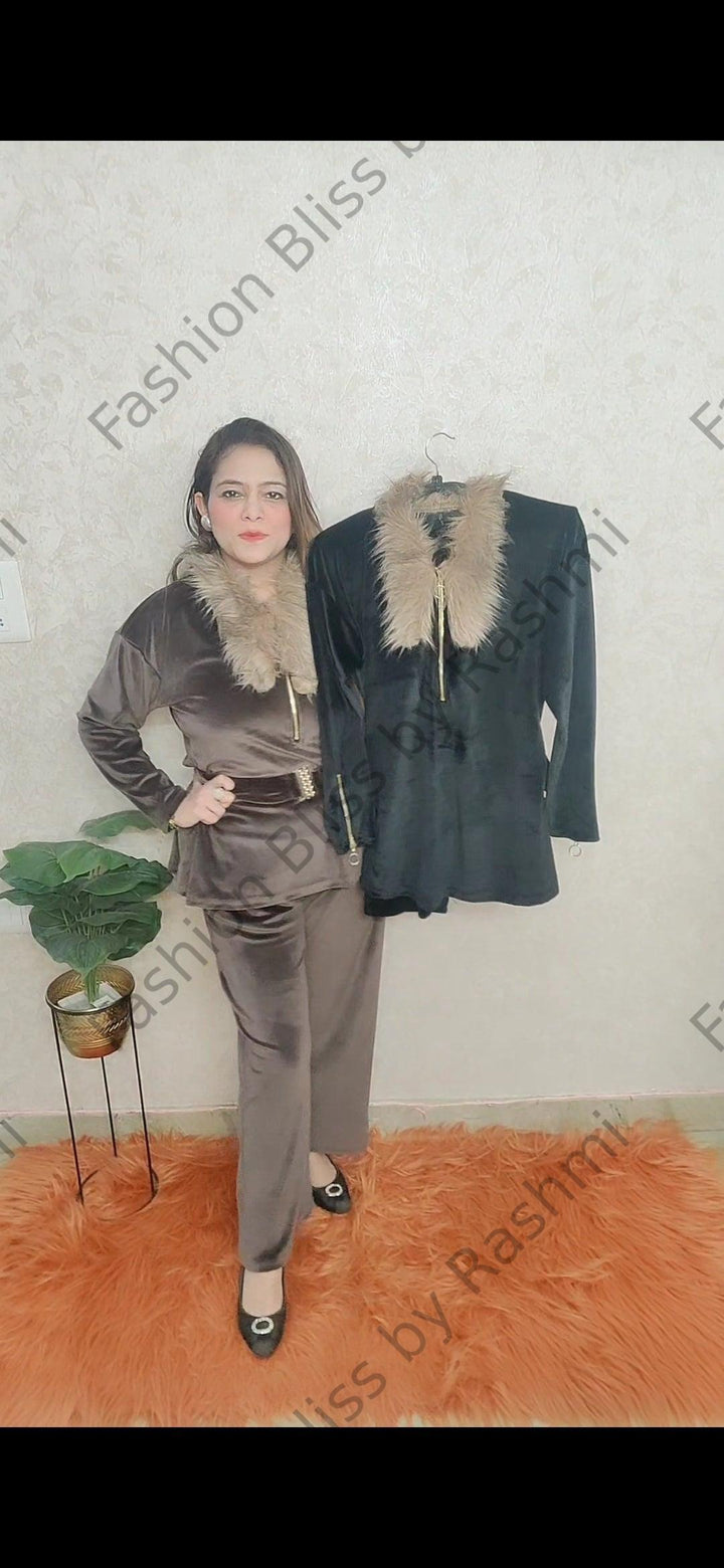 Premium velvet fur neck coordset -  by Fashion Bliss by Rashmi - black, brown, cordsets, Winter collection, Winter coordset