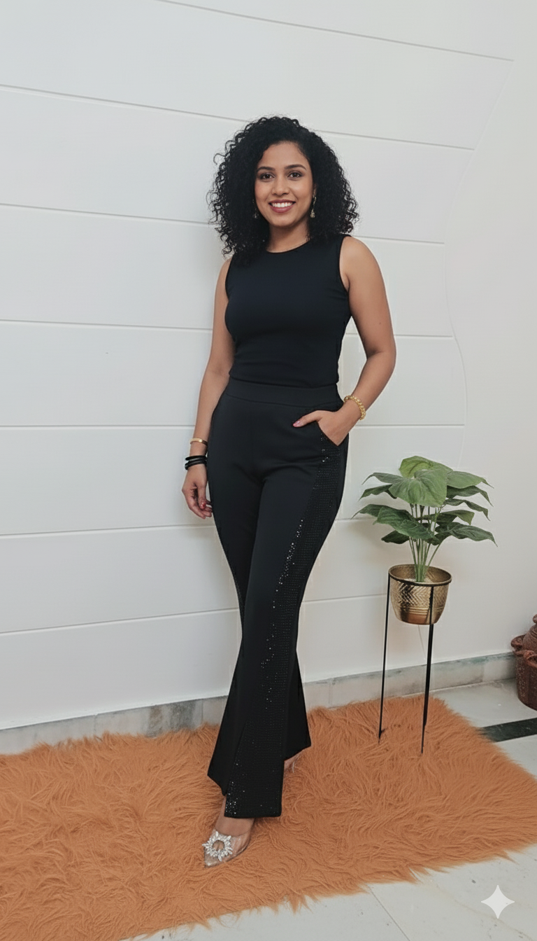 Black Glam Flared front cut Pants with Side Shimmer Detail
