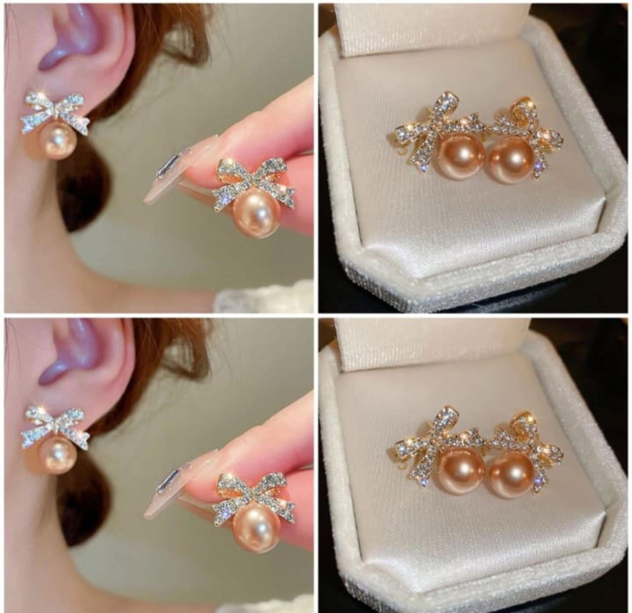 "Golden Pearl Bow Studs"