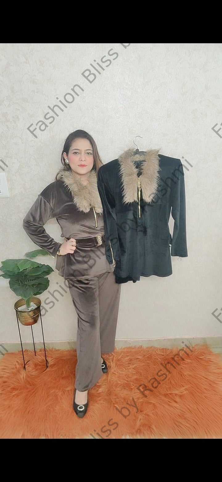 Premium velvet fur neck coordset -  by Fashion Bliss by Rashmi - black, brown, cordsets, Winter collection, Winter coordset