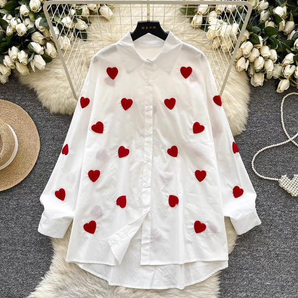 Chic Button-Up Shirt with Red Heart Embroidery